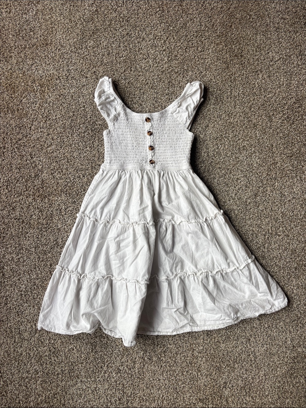 Girls' White Smocked Tiered Casual Dress with Button Front